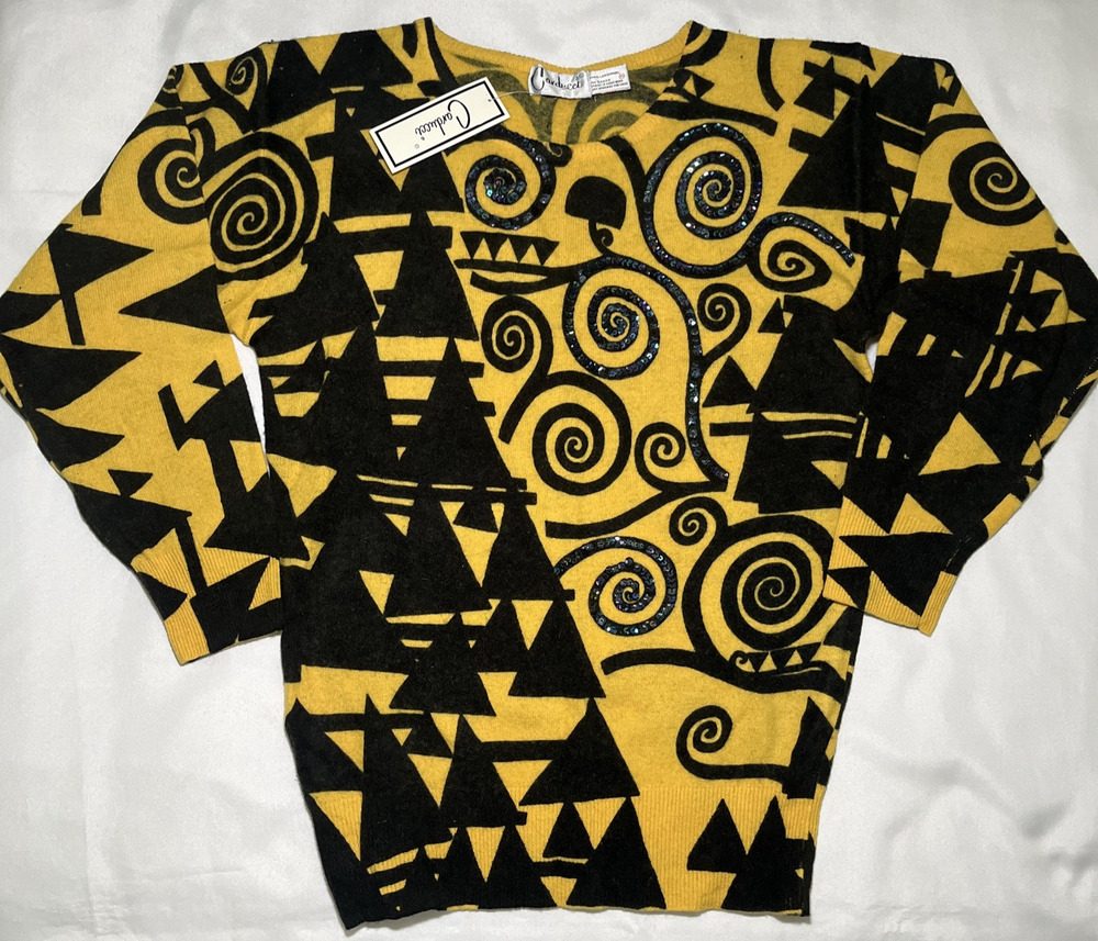 NEW w/ Tags Vtg Carducci Womens 100% Wool Sweater Black Yellow Sz M Sequins 80s